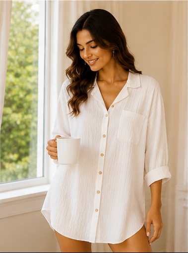 Women’s White Full Sleeve Button Front Sleep Shirt Nightwear